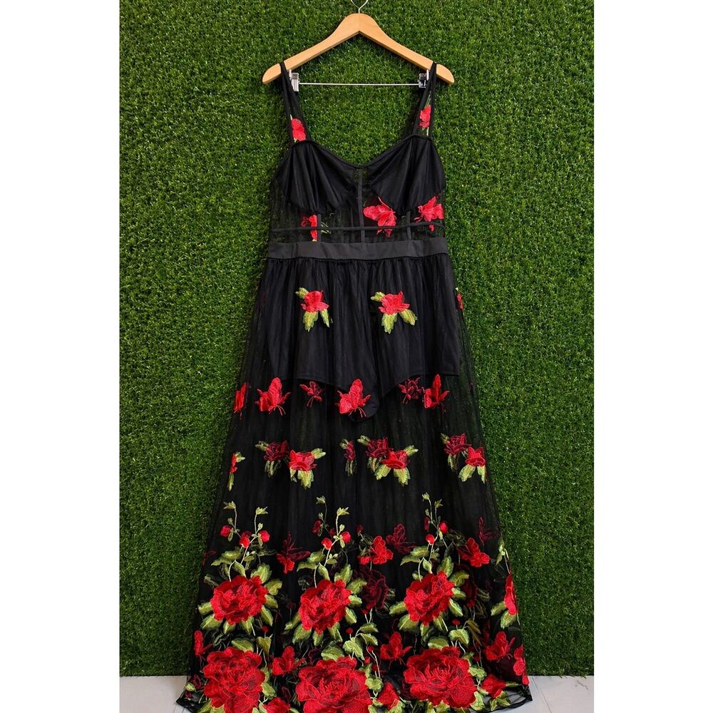 Whimsigoth Embroidered Red Rose Maxi Dress Black Mesh Sheer Floral 5XL Plus Size
